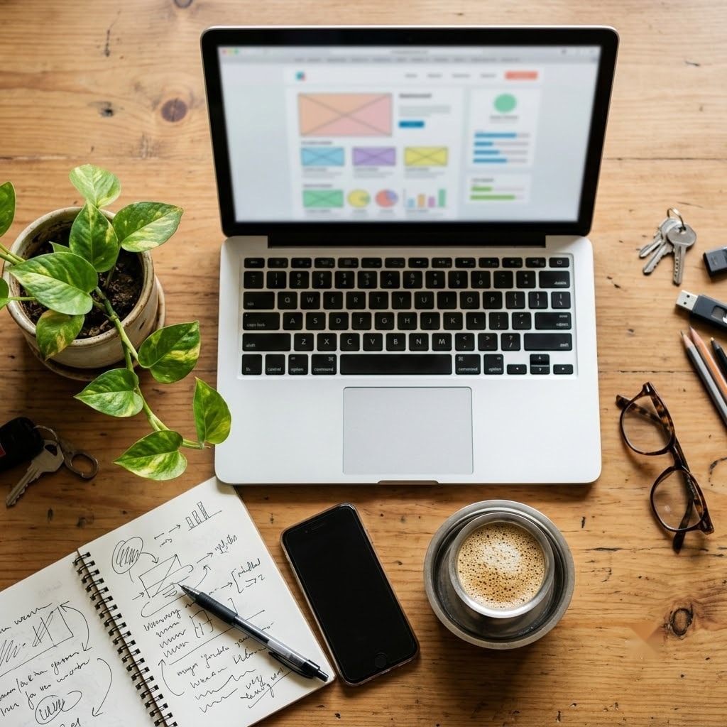 Overhead view of a small agency desk — laptop, notebook, phone and a cup of filter coffee