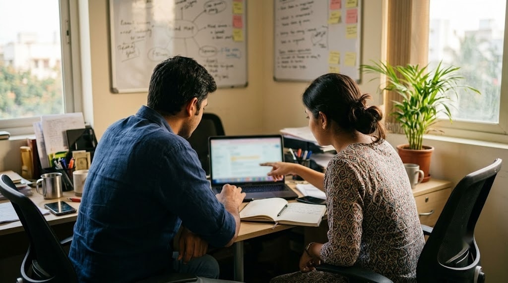 Two colleagues reviewing work together at a small office desk